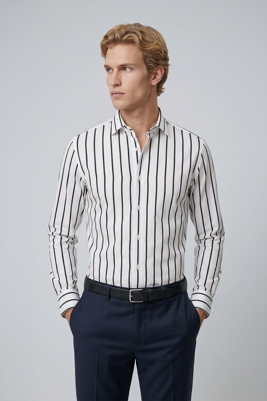 Siyah Çizgili Erkek Gömlek – Slim Fit Pamuk